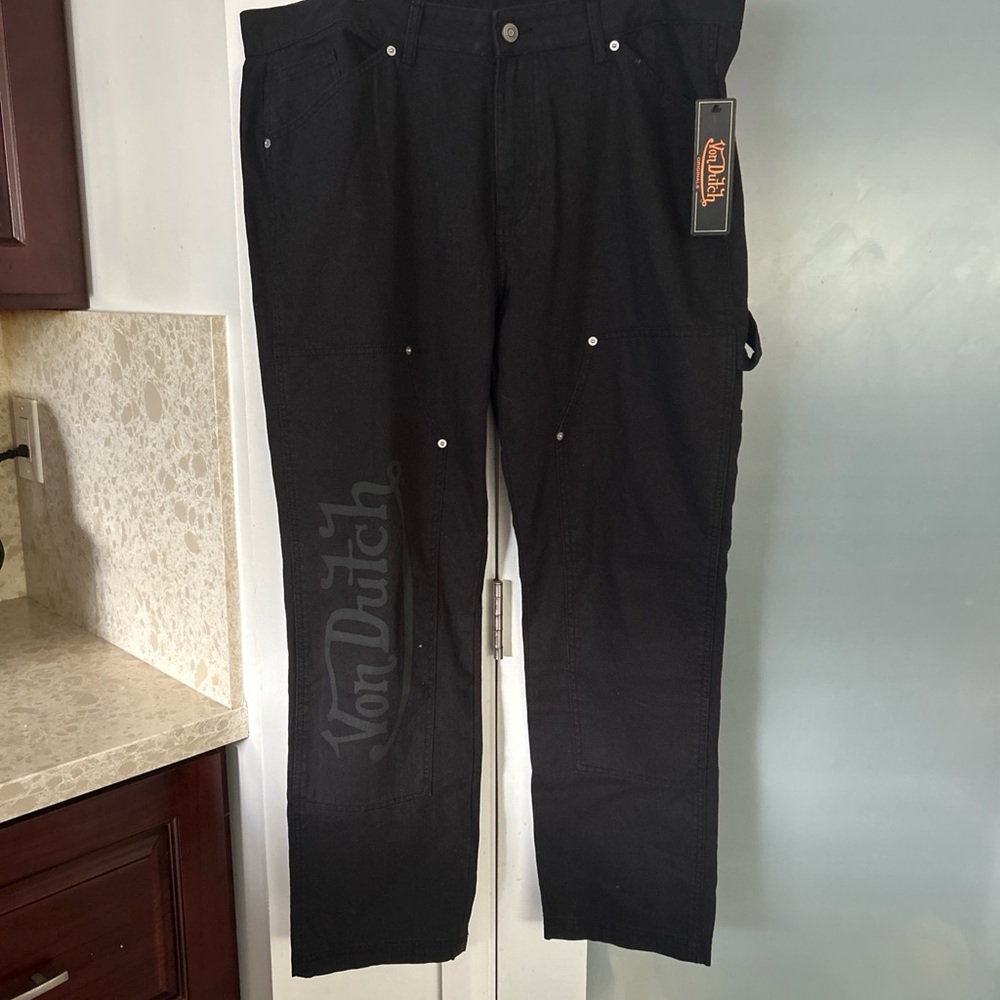 Von Dutch Jeans Men’s Size 38x30 Black Double Knee Flying Eye Patch  NEW